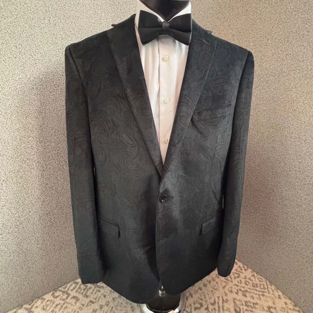 Bar III Black Green Paisley Velvet Slim Fit Tuxedo Jacket 44L Formal